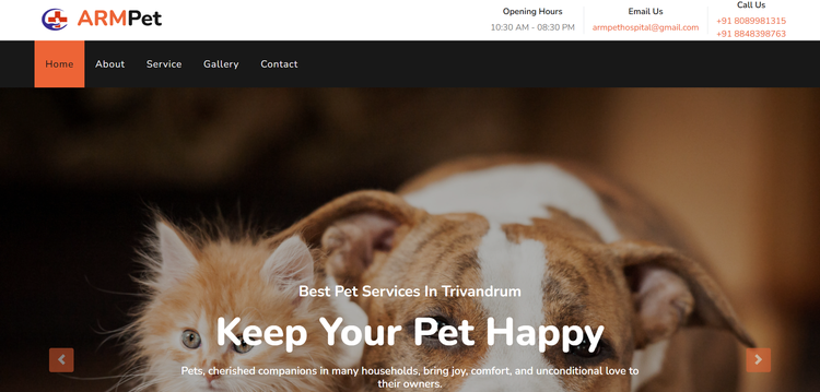ArmPet Clinic website banner featuring pet care services and banner text Keep Your Pet Happy.
