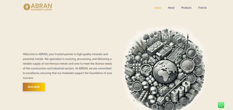 Website homepage layout for Abran featuring an industrial hardware and materials theme.